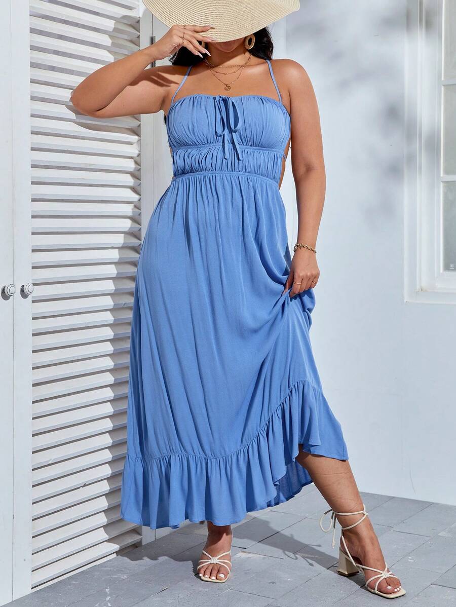 SHEIN VCAY Đầm Plus Size Lộ Lưng Hội Chữ thập Xù Viên lá sen Buộc lại Thắt nơ trước Nếp gấp Phần Ngực màu trơn Gợi cảm - Màu xanh lam - Xem 1
