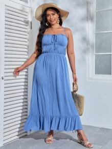 SHEIN VCAY Đầm Plus Size Lộ Lưng Hội Chữ thập Xù Viên lá sen Buộc lại Thắt nơ trước Nếp gấp Phần Ngực màu trơn Gợi cảm - Màu xanh lam - Xem 3