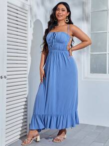 SHEIN VCAY Đầm Plus Size Lộ Lưng Hội Chữ thập Xù Viên lá sen Buộc lại Thắt nơ trước Nếp gấp Phần Ngực màu trơn Gợi cảm - Màu xanh lam - Xem 5