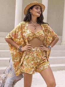 Rusttydustty Summer Multicolor Floral Print Tops, Cardigans And Shorts, Women's Beach Wear Three Pieces Set, Short-Sleeved Bohemian Seaside Holiday Music Festival. - Yellow - View 2