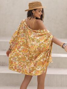 Rusttydustty Summer Multicolor Floral Print Tops, Cardigans And Shorts, Women's Beach Wear Three Pieces Set, Short-Sleeved Bohemian Seaside Holiday Music Festival. - Yellow - View 3