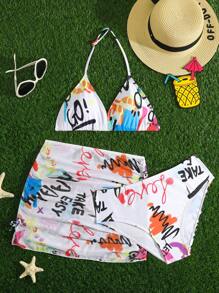Bộ bikini họa tiết chữ cái tuổi teen với váy đi biển Bãi biển mùa hè - Nhiều màu - Xem 1