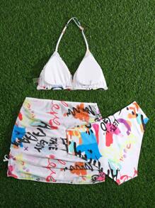 Bộ bikini họa tiết chữ cái tuổi teen với váy đi biển Bãi biển mùa hè - Nhiều màu - Xem 2