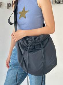 時尚斜挎包大碼抽繩設計尼龍 - 黑色 - 查看 1