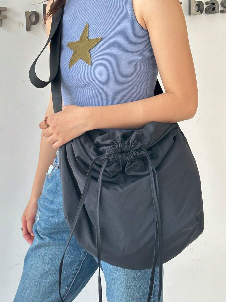時尚斜挎包大碼抽繩設計尼龍 - 黑色 - 查看 1