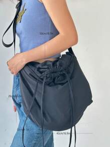 時尚斜挎包大碼抽繩設計尼龍 - 黑色 - 查看 3
