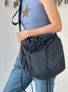 時尚斜挎包大碼抽繩設計尼龍 - 黑色 - 查看 4