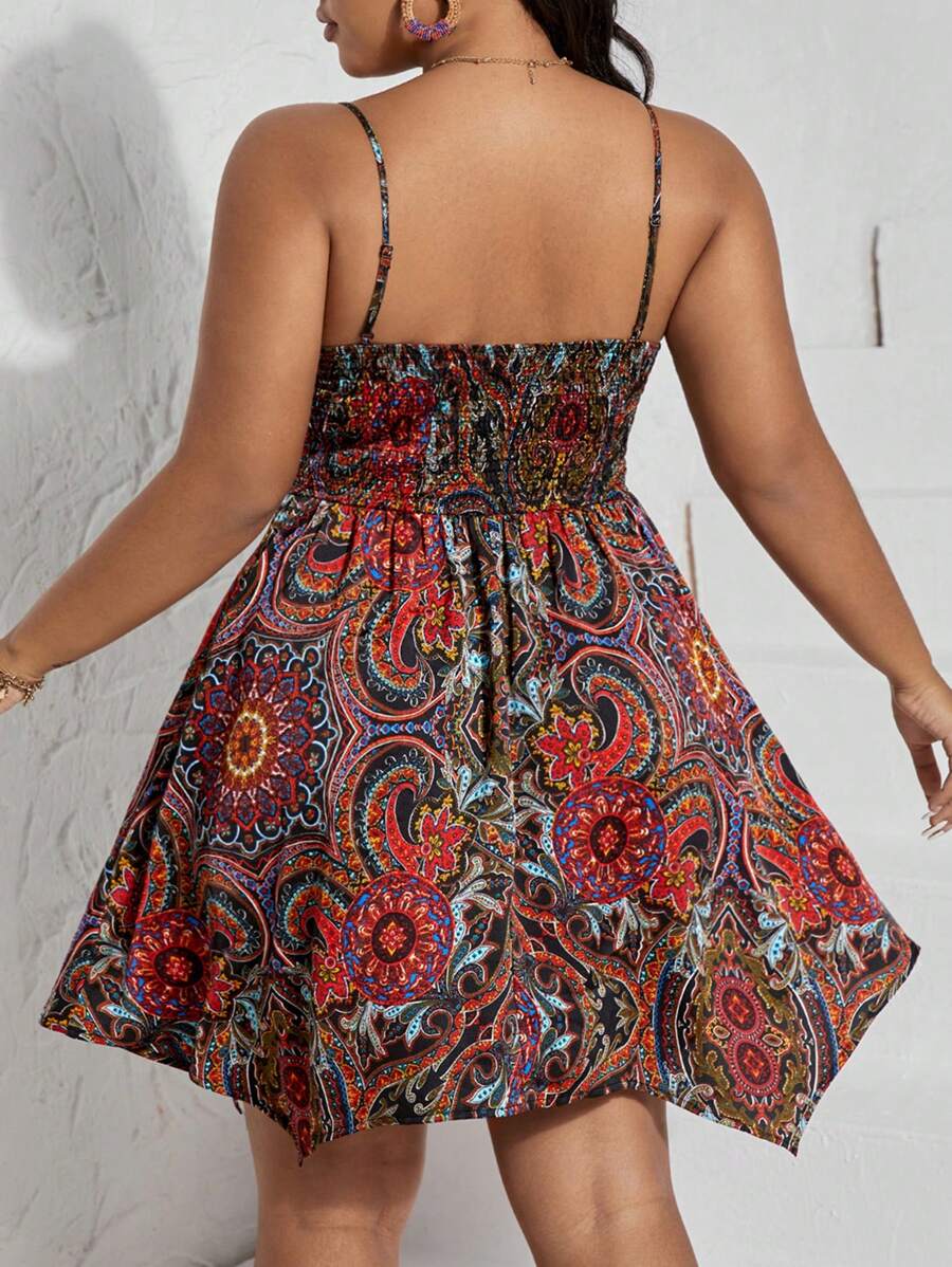 SHEIN VCAY 波西米亞不對稱 露背 蕾絲拼接 打褶佩斯利花紋加大洋裝 - 彩色 - 查看 1