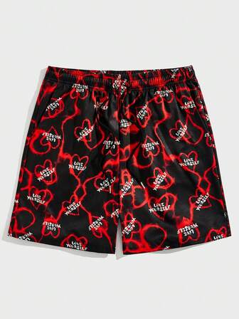 Street Life Guys Heart Print Drawstring Waist Shorts