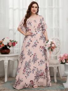 Plus Floral Print Butterfly Sleeve Chiffon Bridesmaid Dress - Pink - View 3
