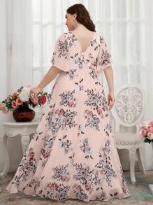 Plus Floral Print Butterfly Sleeve Chiffon Bridesmaid Dress - Pink - View 4