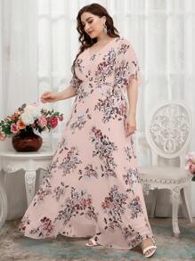 Plus Floral Print Butterfly Sleeve Chiffon Bridesmaid Dress - Pink - View 5