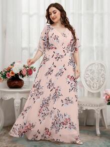 Plus Floral Print Butterfly Sleeve Chiffon Bridesmaid Dress - Pink - View 2