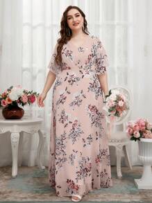 Plus Floral Print Butterfly Sleeve Chiffon Bridesmaid Dress - Pink - View 8