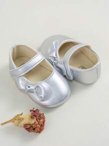 Giày Mary Jane đính nơ trang trí cho bé gái sơ sinh có khóa dán móc và vòng dùng ngoài trời - Bạc - Xem 4