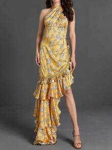 Allover Floral Print Ruffle Trim Asymmetrical Hem Dress - Multicolor - View 2