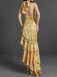 Allover Floral Print Ruffle Trim Asymmetrical Hem Dress - Multicolor - View 3