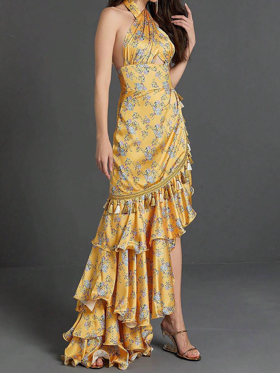 Allover Floral Print Ruffle Trim Asymmetrical Hem Dress - Multicolor - View 1