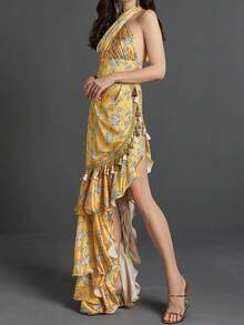 Allover Floral Print Ruffle Trim Asymmetrical Hem Dress - Multicolor - View 4