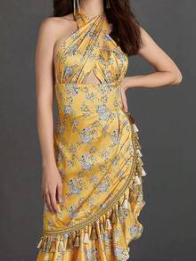 Allover Floral Print Ruffle Trim Asymmetrical Hem Dress - Multicolor - View 6