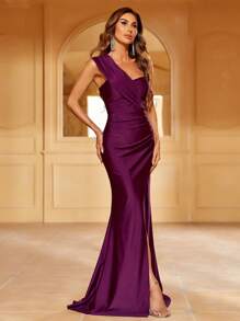 Faeriesty 女士垂褶无肩带亮面弹力针织美人鱼长裙 - 高开衩修身廓形，适合婚礼、晚宴和正式场合，春季优雅 - 紫色 - 查看 4