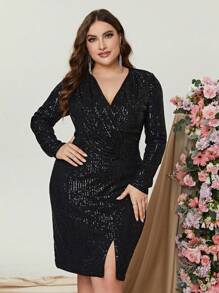 Faeriesty Plus Surplice Neck Split Hem Sequin Dress - Black - View 4