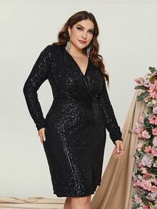 Faeriesty Plus Surplice Neck Split Hem Sequin Dress - Black - View 3