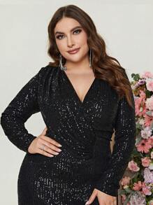 Faeriesty Plus Surplice Neck Split Hem Sequin Dress - Black - View 6