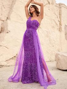 One Shoulder Split Thigh Sequin Formal Dress - Violet Purple - View 1
