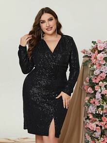 Faeriesty Plus Surplice Neck Split Hem Sequin Dress - Black - View 7