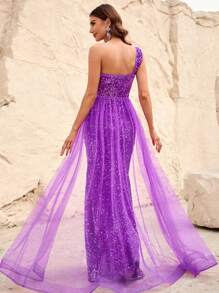 One Shoulder Split Thigh Sequin Formal Dress - Violet Purple - View 2