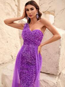 One Shoulder Split Thigh Sequin Formal Dress - Violet Purple - View 3