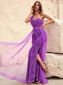 One Shoulder Split Thigh Sequin Formal Dress - Violet Purple - View 6