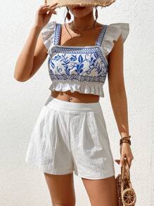 Breezaya Floral Embroidery Ruffle Trim Crop Top & Shorts - Blue and White - View 4