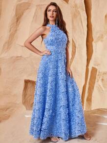 Solid Appliques Detail Halter Neck Formal Dress - Baby Blue - View 6