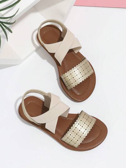 Girls Scallop Trim Hollow Out Criss Cross Slingback Sandals For Outdoor