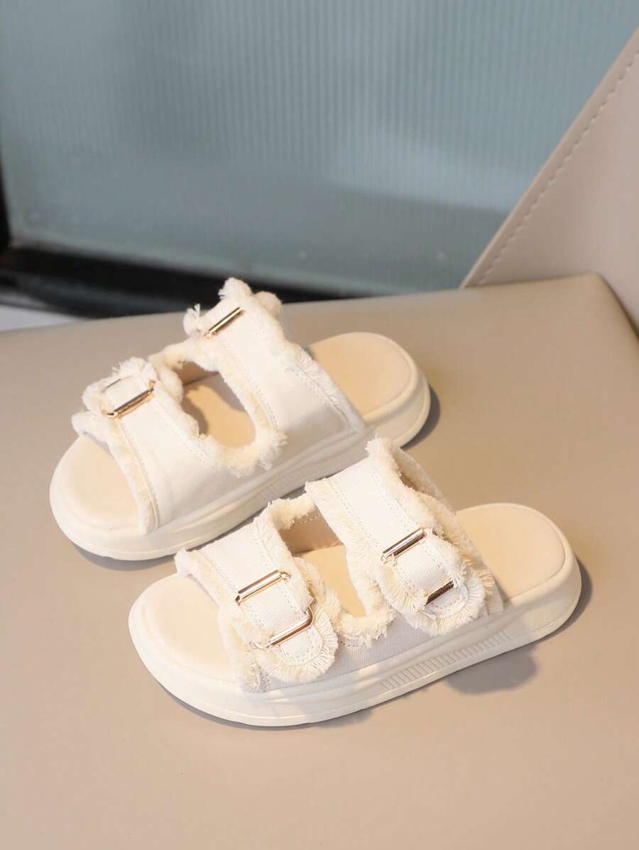 Chicas Zapatillas con diseño de cuadro ribete crudo para verano exterior - Beis - Ver 1