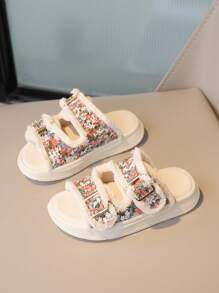 Chicas Zapatillas con patrón floral ribete crudo con diseño de cuadro para verano exterior - Multicolor - Ver 1