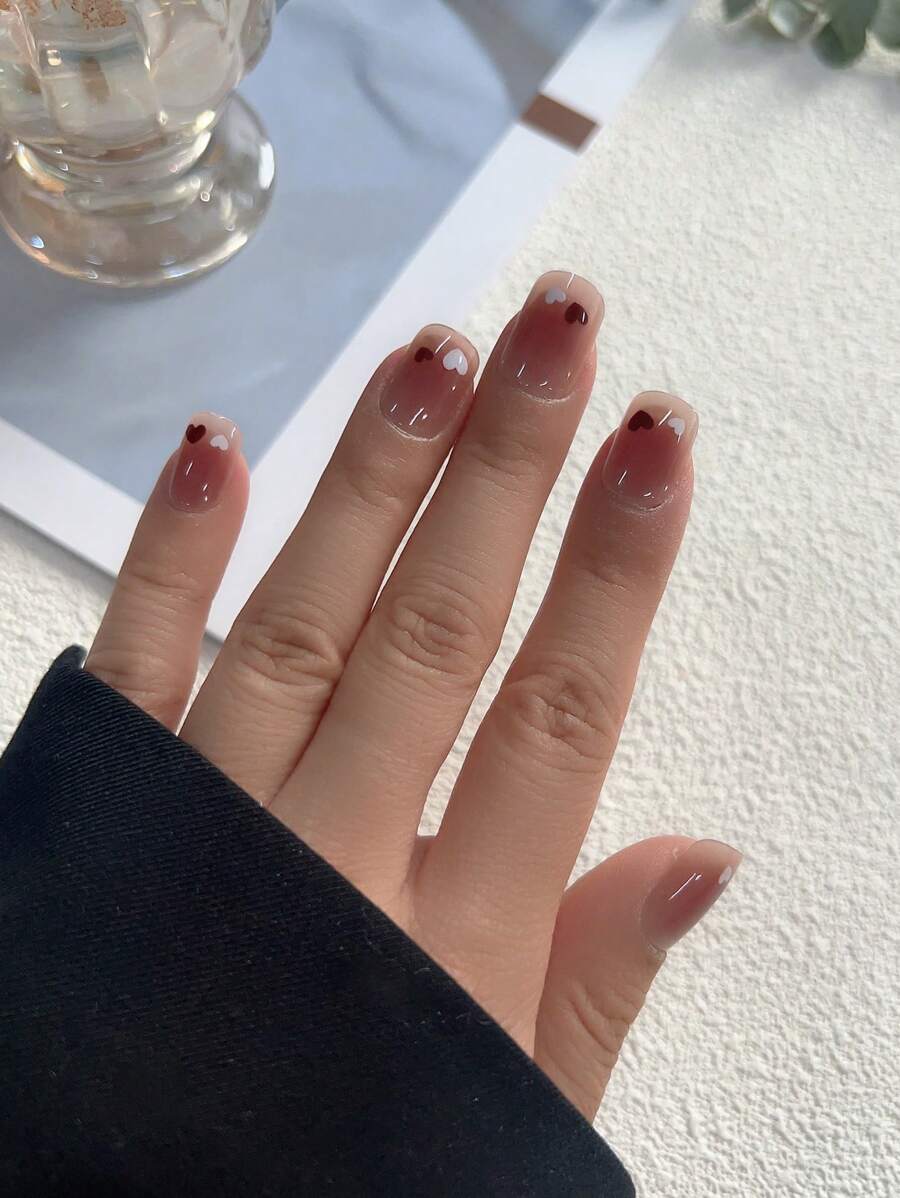 Upgrade Your Look With 24Pcs Short Blush Pink Ombre Cute Press On Nails, Sweet Tiny Heart Pattern Square Full Cover Fake Nail Kit Nail Supplies Nails