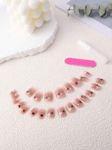 Upgrade Your Look With 24Pcs Short Blush Pink Ombre Cute Press On Nails, Sweet Tiny Heart Pattern Square Full Cover Fake Nail Kit Nail Supplies Nails