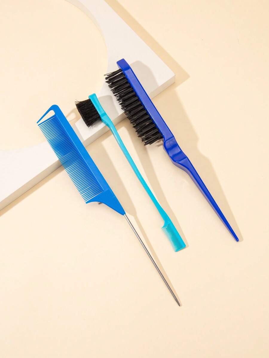 WANMEI 3pcs Hair Styling Brush Set, Including Volumizing Brush, Tail Comb And Edge Brush, Suitable For Brushing Hairline And Nape, Can Easily Comb, Untangle And Smooth Frizzy Hair. - Blue - View 1