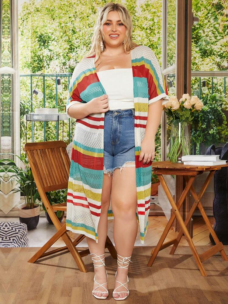 Plus Size Striped Pattern Batwing Sleeve Cardigan