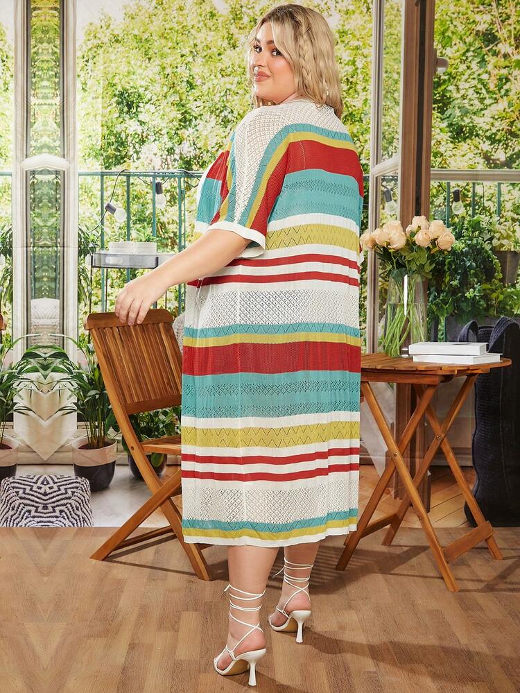 Plus Size Striped Pattern Batwing Sleeve Cardigan