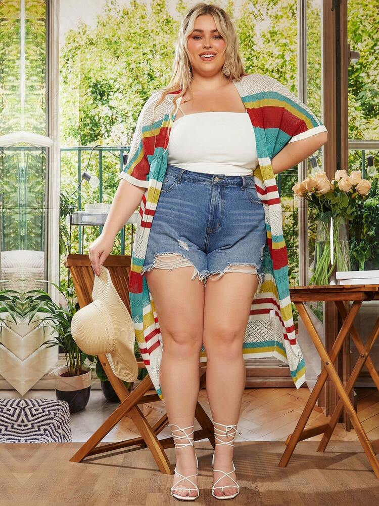 Plus Size Striped Pattern Batwing Sleeve Cardigan