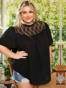 SHEIN CURVE+ Blusa con encaje en contraste de cuello alto - Negro - Ver 4