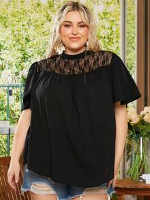 SHEIN CURVE+ Blusa con encaje en contraste de cuello alto - Negro - Ver 5