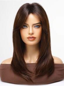 Tóc giả tổng hợp thẳng trung bình có tóc mái - Dark Brown - Xem 1