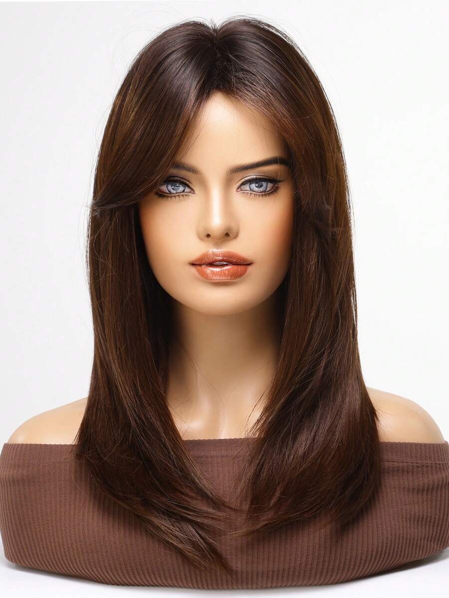 Tóc giả tổng hợp thẳng trung bình có tóc mái - Dark Brown - Xem 1