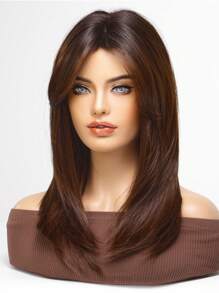 Tóc giả tổng hợp thẳng trung bình có tóc mái - Dark Brown - Xem 2