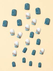 24入組湖藍短方形膠指甲，微妙漸層金箔全套指甲套裝，美甲用品，提升你的造型 - 彩色 - 查看 5